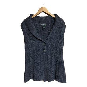 Eddie Bauer Sleeveless Cardigan Lambs' Wool L Gray Solid Collared Cable-Knit